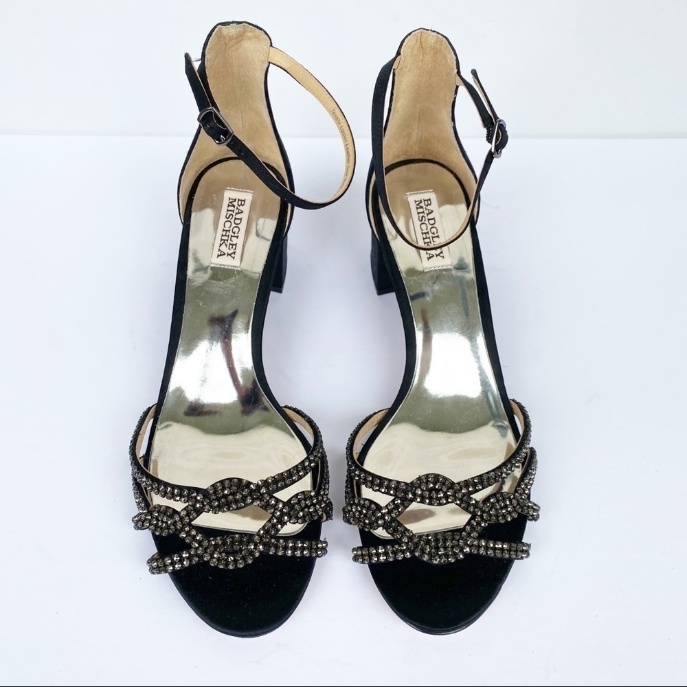 NWT Badgley Mischka Shoes Sonya Satin Black Block Heels Formal Evening Size 10